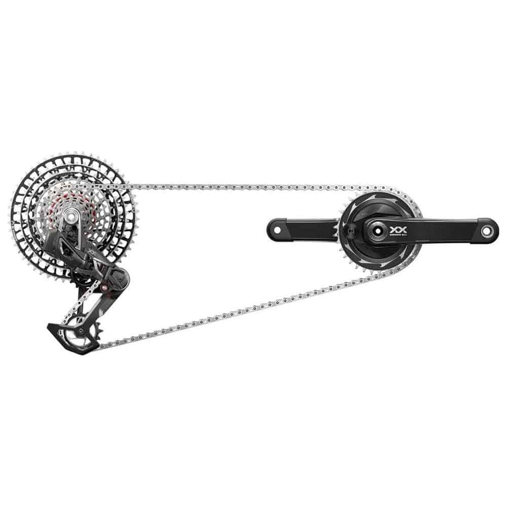 Sram Xxsl Eagle T Axs D1 groepset met schakelaars en derailleur, zwart en robuust voor mountainbiken.