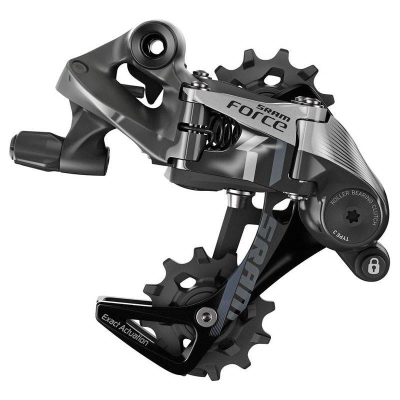 Sram Force1 achterderailleur 11V met aluminium medium cage in grijs, zichtbaar op de afbeelding