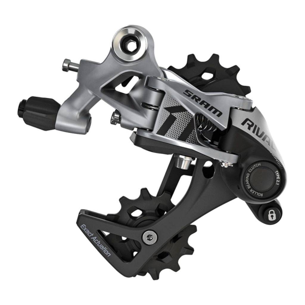 Sram Rival1 11V achterderailleur met lange cage, geschikt voor snelle schakelingen en duurzaam fietsonderdeel.