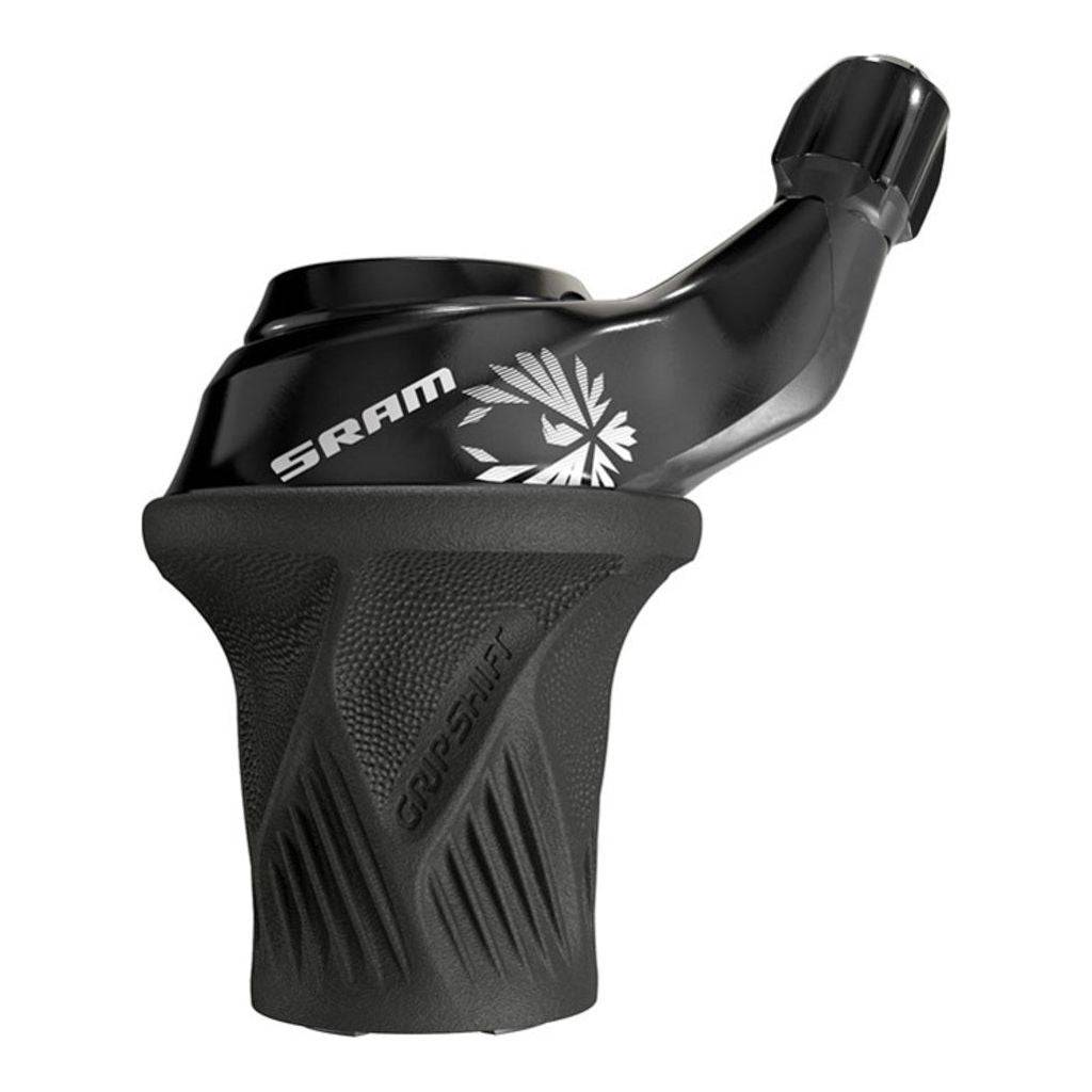 Zwarte SRAM GX Eagle 12V Twister aluminium gripshift shifter voor mountainbikes, met bedieningsknoppen en gear indicator.