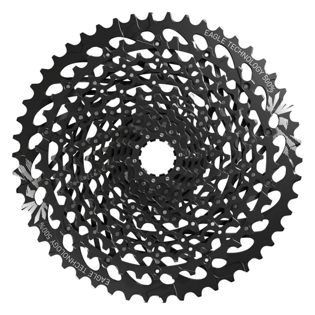 Sram 12-speed cassette Xg1275 10-50 zwart voor fiets, zichtbaar op de afbeelding met tandwielen en compatibele snelheden