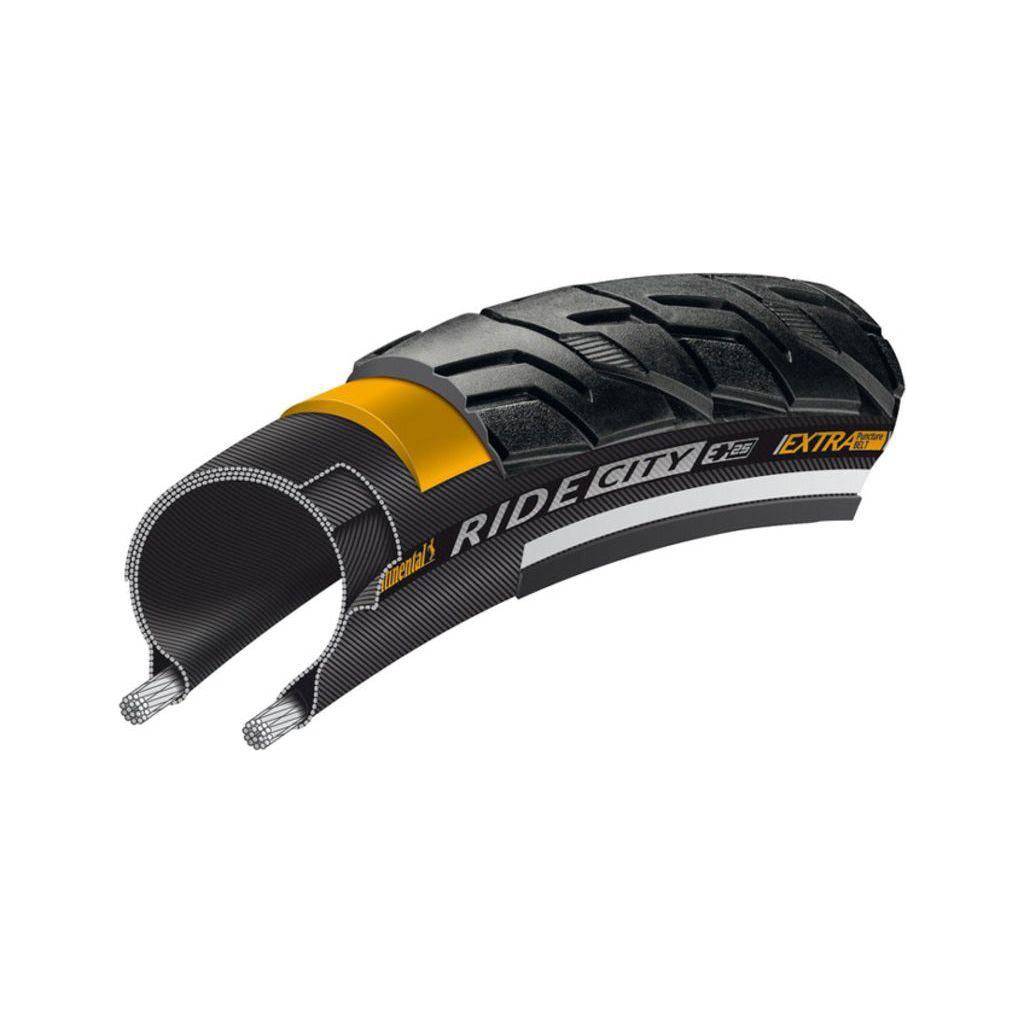 Zwarte 26-inch Continental Ride City Extra puncturebestendige stadsfietsband met Belt, 47-559, geschikt voor stadsfietsen.