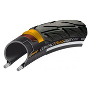 Zwarte Continental 26" Contact Plus City Safetyplus Breaker e-bike buitenband met profiel, geschikt voor stadsfietsen.