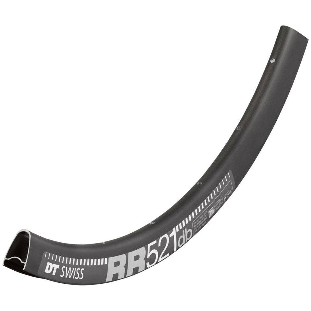 Zwarte DT Swiss 28-inch RR521 DB aluminium velg met 32 spaken en 14-gaats, geschikt voor schijfremmen, 24 mm breedte