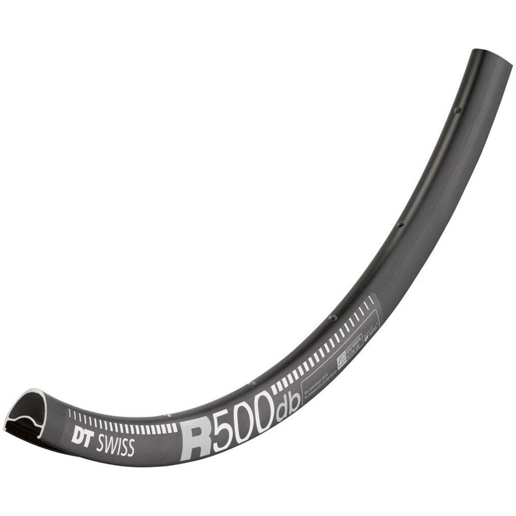 Zwart DT Swiss 28-inch R500 DB disc aluminium velg met 24/14 spaken en 26mm breedte, geschikt voor mountainbikes
