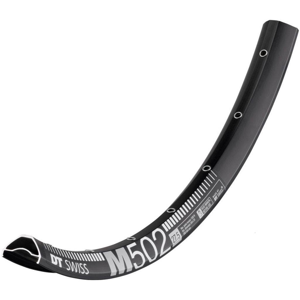 Zwarte 27,5 inch DT Swiss M502 aluminium velg met 35mm breedte en 32/14 gaten, geschikt voor disc remmen en enkel gebust.