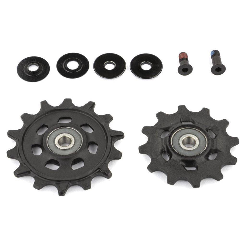 Sram Derailleurwieltjes GX Eagle 12V, close-up van de derailleurwieltjes voor racefiets, zwart met metalen onderdelen