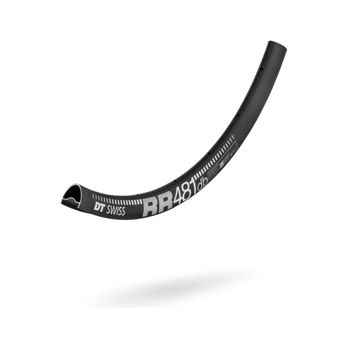 Zwarte 28-inch DT Swiss RR481 DB aluminium velg met 32 spaakgleuven en 26mm breedte, geschikt voor schijfremmen.