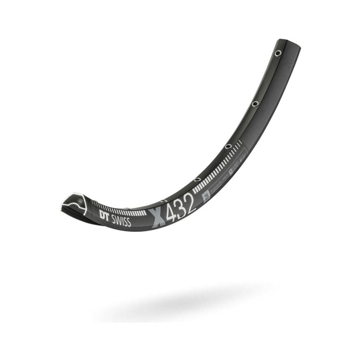Zwarte 29-inch DT Swiss X432 aluminium velg met 32 spaken en 14 gaats, geschikt voor disc remmen, 29 mm breed.