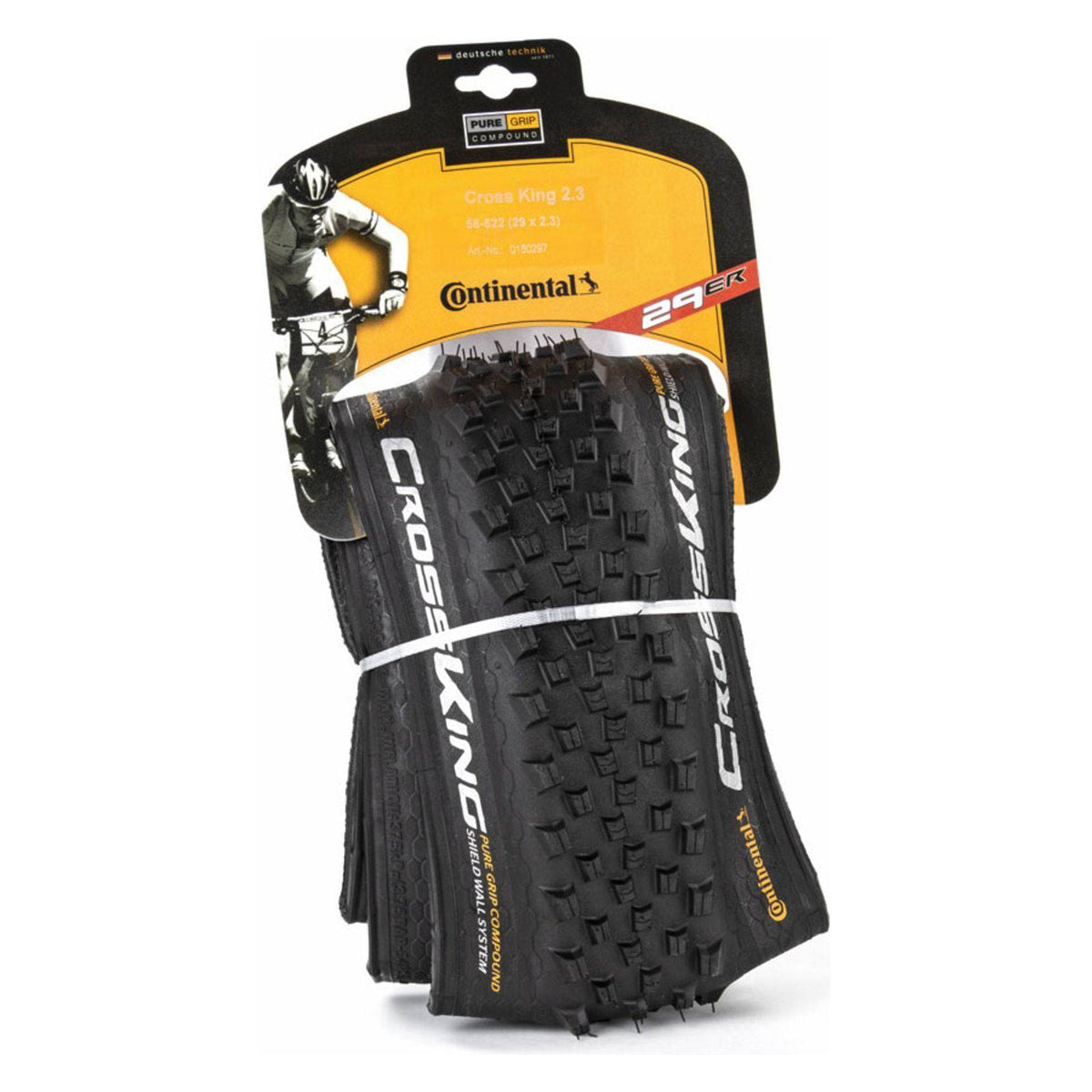 Zwarte Continental MTB buitenband 29" Cross King II TLR Performance Vouwband op een fiets, profiel voor off-road rijden.