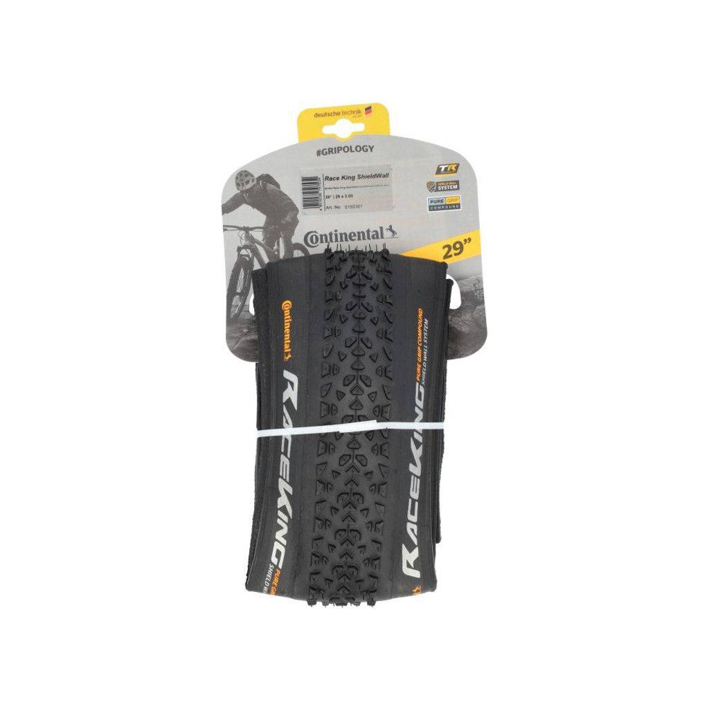 Zwarte 29-inch Continental Race King TLR Shieldwall MTB-band met vouwbanden en profiel voor off-road rijden.
