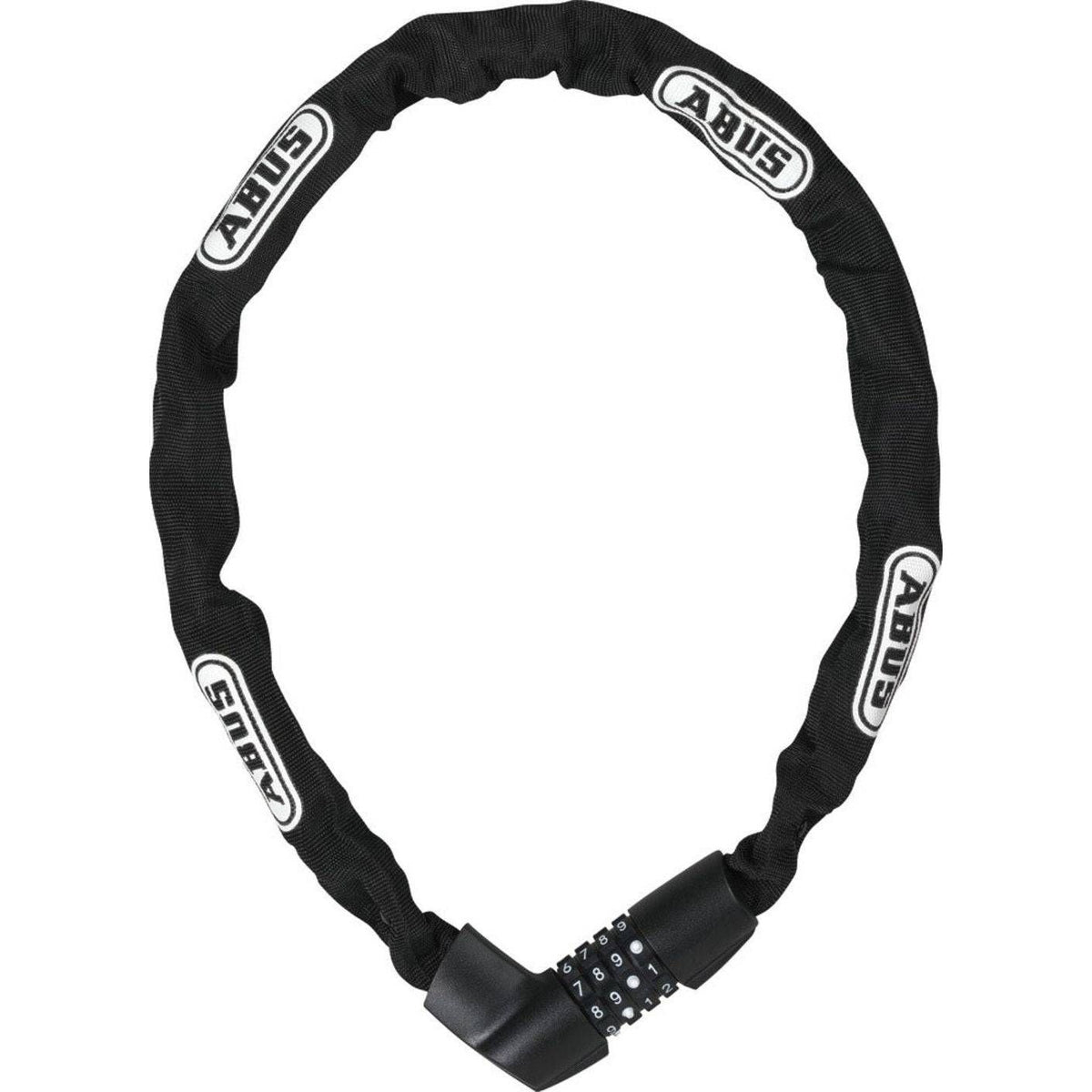 Abus Tresor 1385 kettingslot van 75 cm met textielhoes en cijferslot, zichtbaar met stevige ketting en beschermhoes.