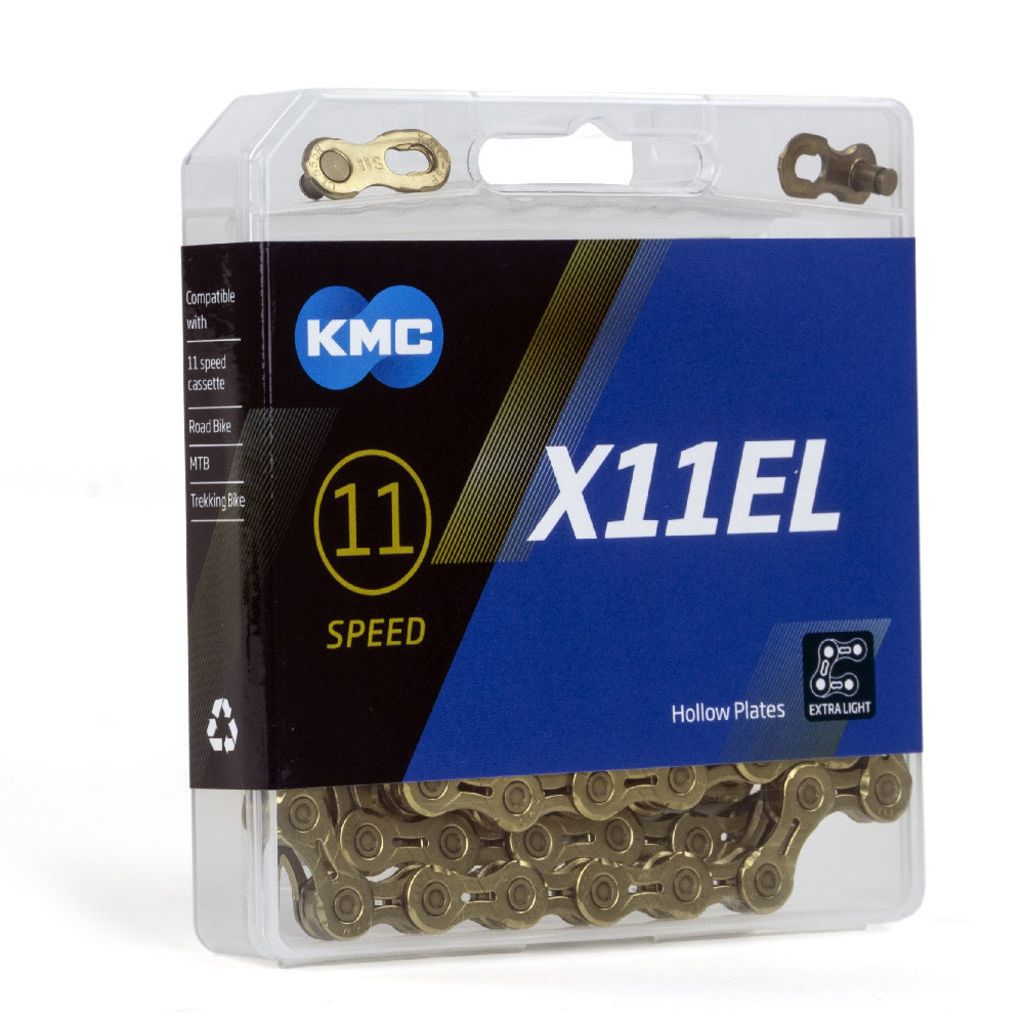 Kmc Fietsketting X11El 118 schakels voor 11-speed fietsen, zilverkleurige ketting met 118 schakels, detail van de ketting.