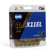 Zwarte KMC X11EL 11-speed ketting met 118 schakels voor fiets, zichtbaar in close-up.