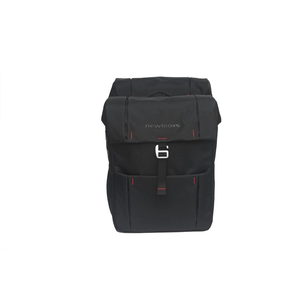 Dubbele fietstas van New Looxs Vigo met Racktime, 37 liter, zwart, 31x15x40 cm, geschikt voor achter- of stuurdrager.