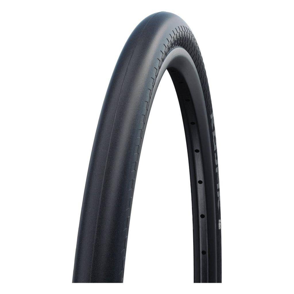 Zwarte Schwalbe Kojak R-Guard 26 stadsfiets band, zichtbaar op de fiets met grip en profiel voor stadsgebruik.