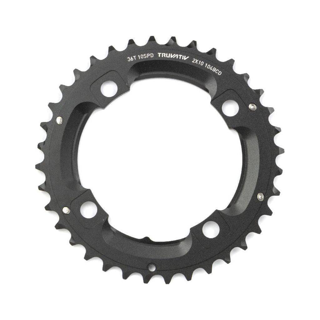 Zwart Sram kettingblad 10 snelheden 36T met 104 pitch en 8 pins, zichtbaar met tanden en bevestigingsgaten.