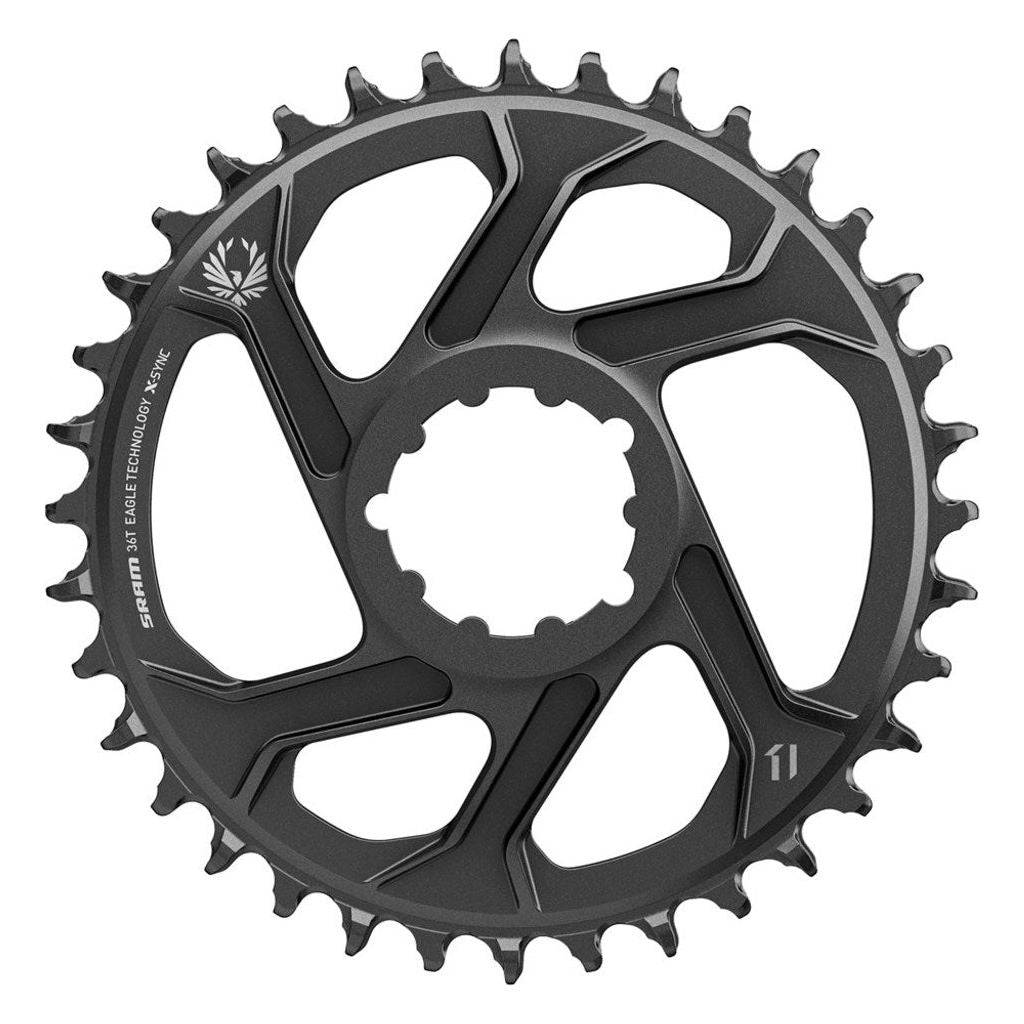 Zwart Sram Eagle Boost kettingblad voor 12-speed fiets, direct mount met 3mm offset, zichtbaar op de afbeelding.