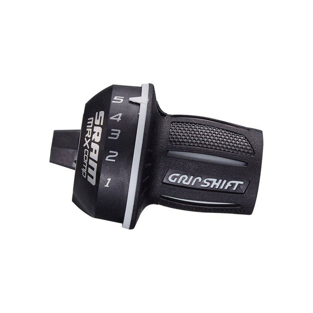 Zwarte Sram Gripshift MRX 5V rechts shifter voor snelle schakelingen op de fiets, zichtbaar in close-up.
