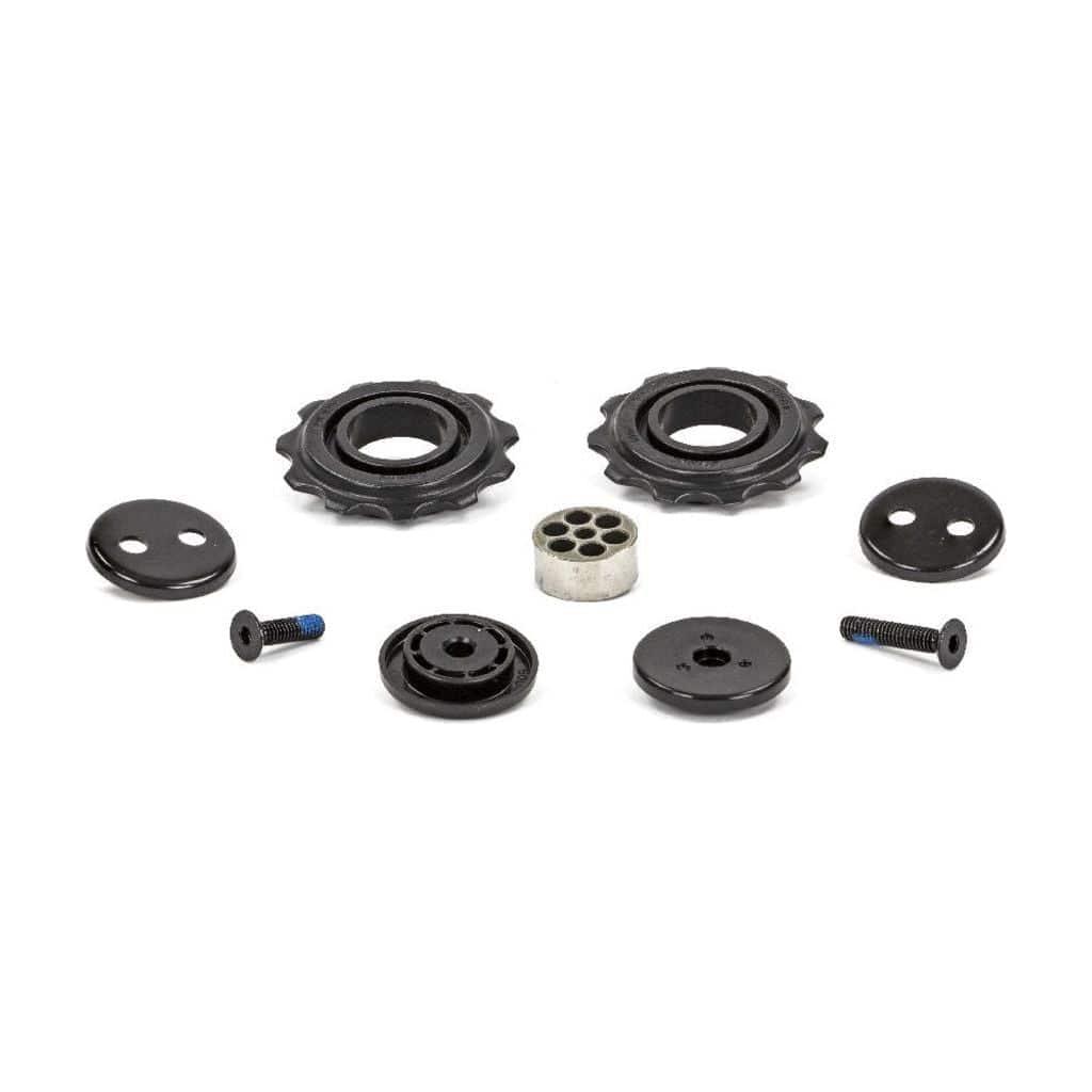 Sram Derad Wielset X4 derailleurwieltjes voor naaf, zwart met metalen onderdelen en montagebeugels.