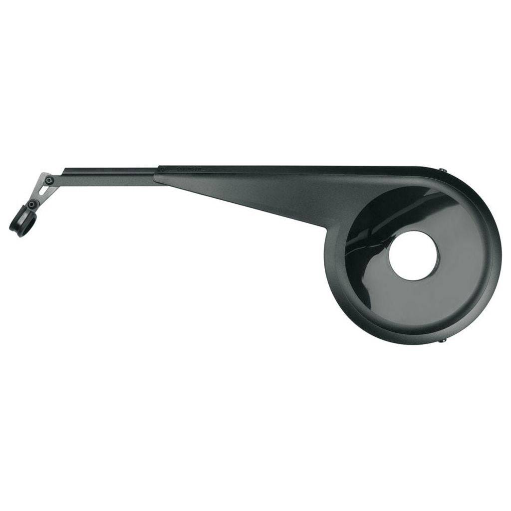 Zwarte SKS Chainbow E Bosch kettingscherm voor 28-inch fietsen, beschermt de ketting tegen vuil en spat.