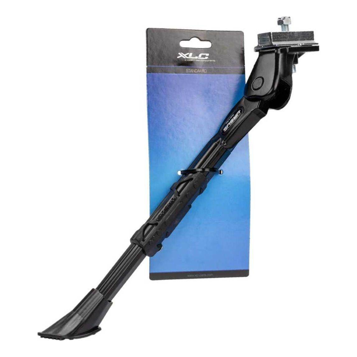 Zwarte XLC standaard 24/28 inch met Libra bevestiging en bout voor fietsondersteuning, zichtbaar in de afbeelding.