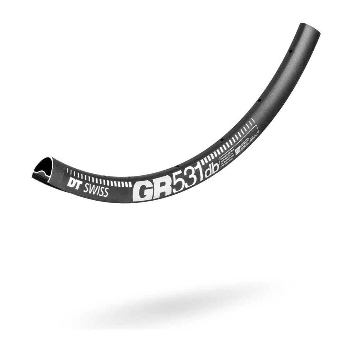 Zwarte 29-inch DT Swiss GR531 aluminium velg met 28mm breedte en 24/14 gaatsysteem, geschikt voor schijfremmen.