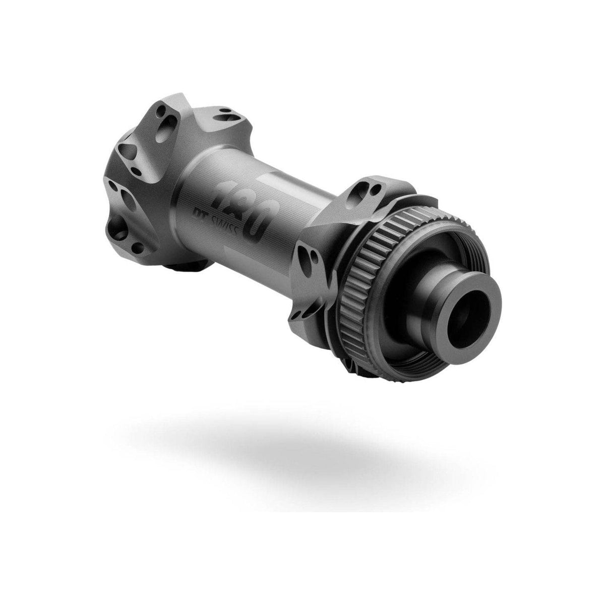 Zwart DT Swiss 180 Straightpull Race Cer Disc CL aluminium voornaaf met 24g gewicht en 100/12mm as op fiets.