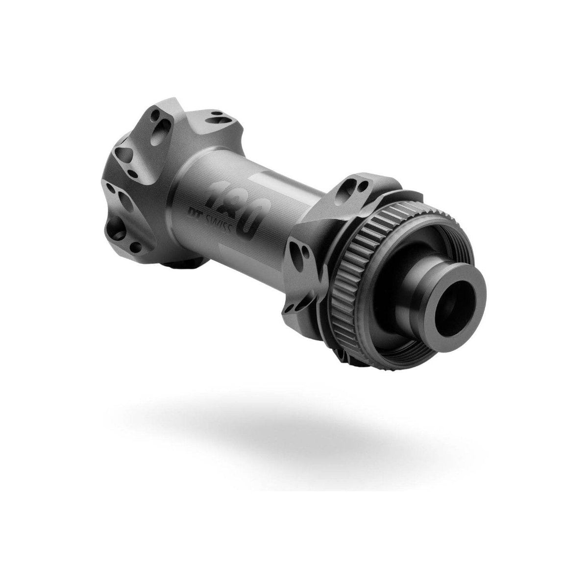 Zwarte DT Swiss 180 Straightpull Race Cer Disc CL aluminium voornaaf, 28g, 100/12mm, geschikt voor racefietsen.