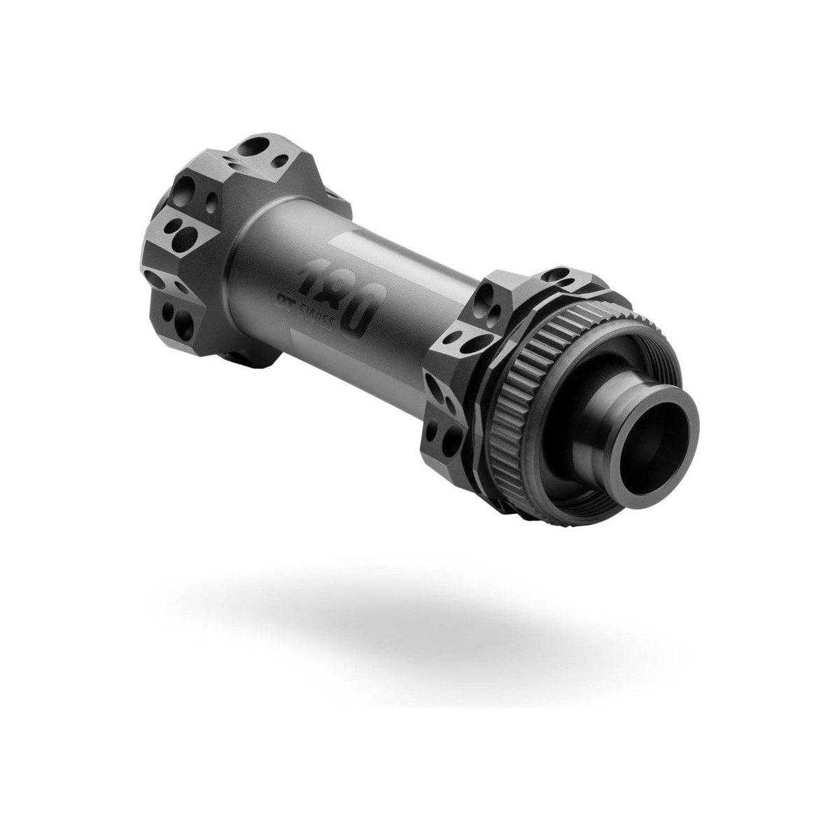 Zwarte DT Swiss voornaaf 180 Straightpull ATB Boost Cer Disc CL aluminium 28G 110/15mm, zichtbaar met axiaal en disc montage.