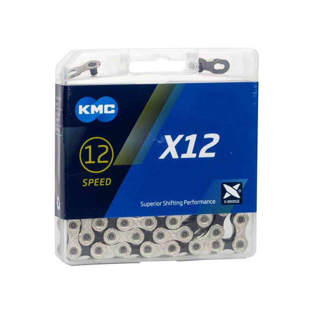 Nikkelen en verzilverd KMC X12 12-speed fietsketting met 126 schakels, zwart en zilver, geschikt voor hoogwaardige fietsen.