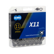 KMC X11 11-speed ketting met 114 schakels en Double X-Bridge, geschikt voor fietsen.