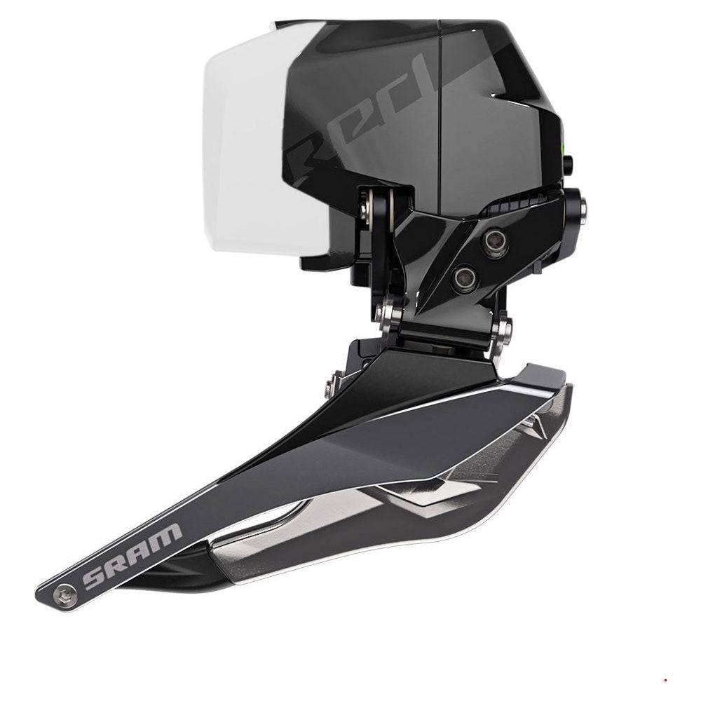 Sram Red Etap AXS D1 voorderailleur voor racefietsen, met zwart ontwerp en mechanisme voor soepele schakeling.