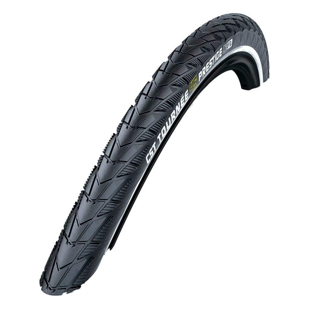 Zwarte CST 28-inch Tournee Prestige e-bike buitenband met reflectie, geschikt voor comfortabel fietsen.