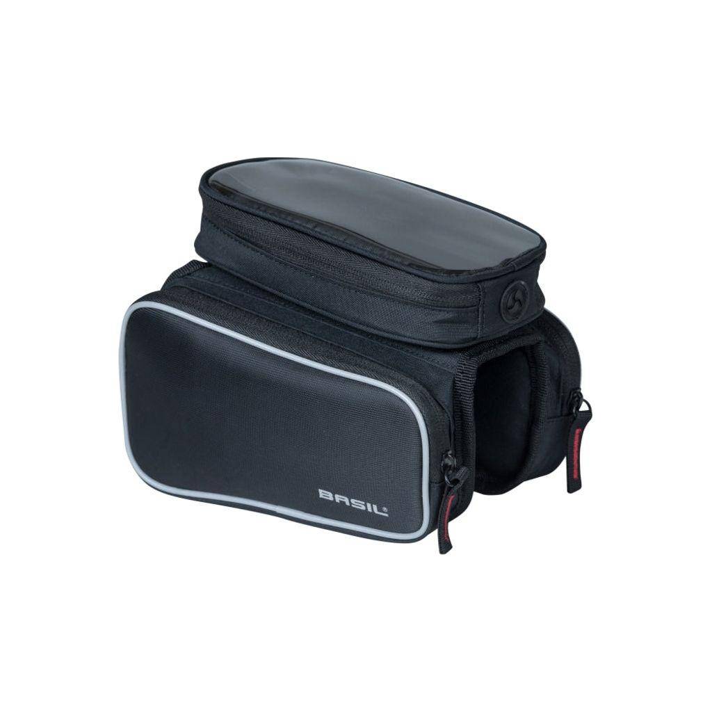 Zwarte Basil Sport Design Double Frametas Top Tube 1,5 liter, waterfles voor fietsframe, zichtbaar in de afbeelding
