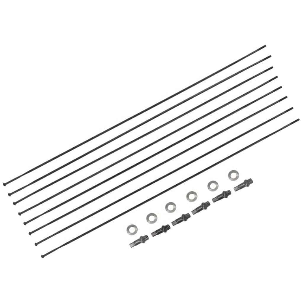 Zwart set van 8 DT Swiss CR1400 Dicut 25 DB spaakkits voor voor- en achterwielen, inclusief 8 spaaks.