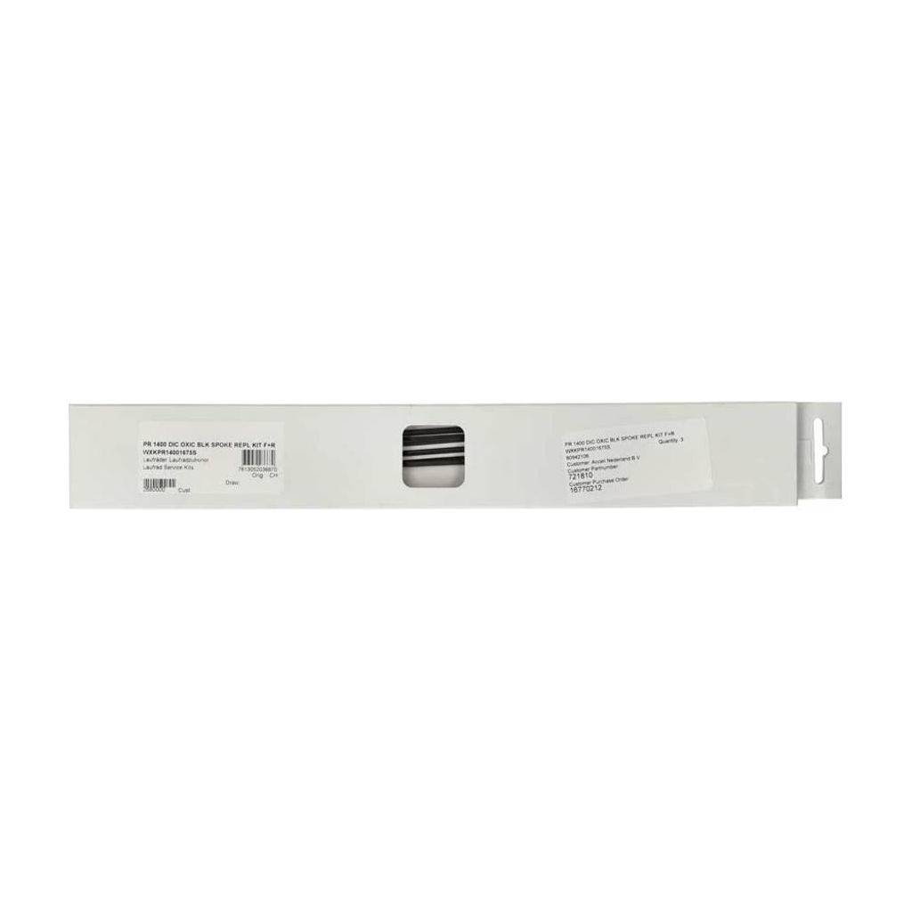Zwart set van zes DT Swiss PR1400 Dicut OXiC spaakkits voor voor- en achterwielen, inclusief montageonderdelen.