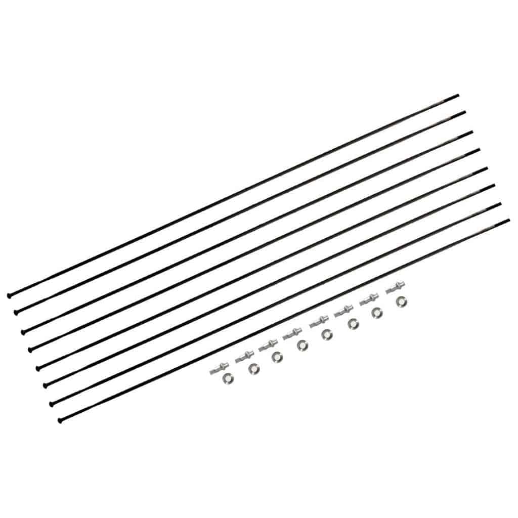 Zwart DT Swiss Spaakkit DT Pr1600 Dicut 21 Db V+A, 8-delige set met velg en naaf, geschikt voor racefietsen.