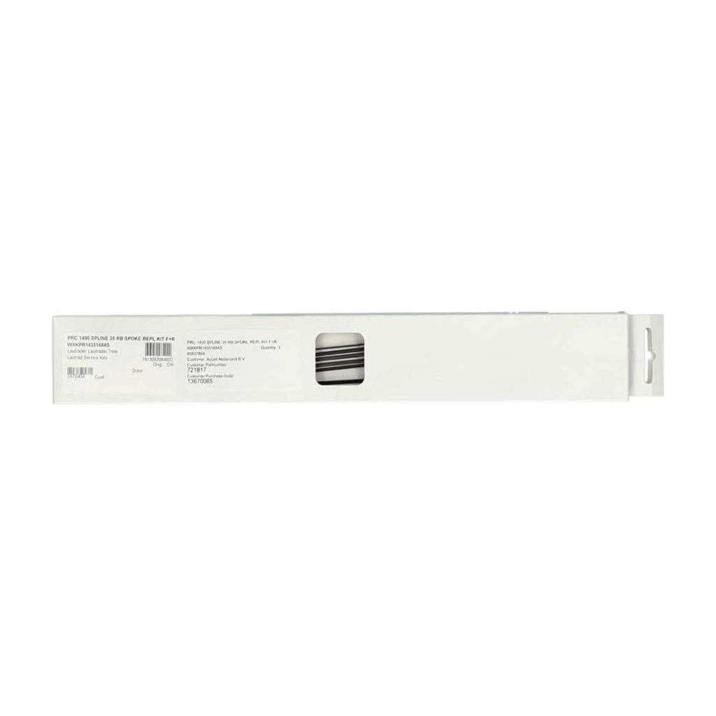 Zwart DT Swiss Spaakkit DT PRC1400 Spline 35 V+A set met 6 spaken, zichtbaar in de afbeelding.