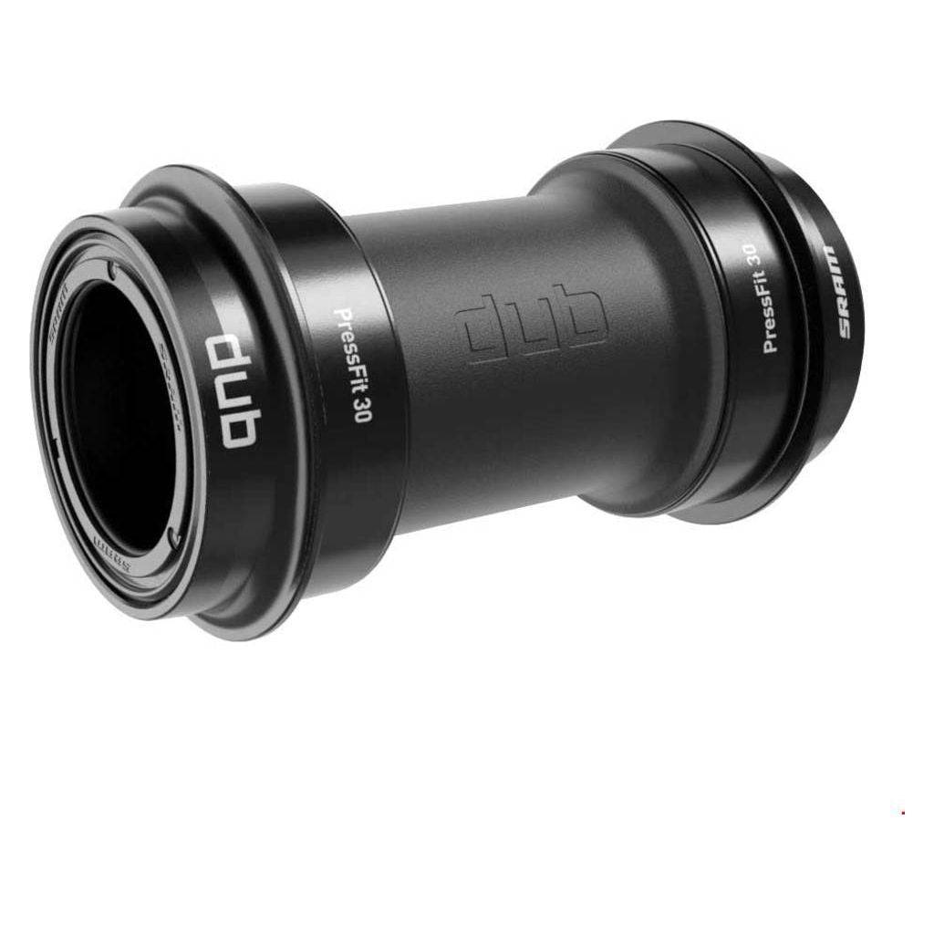 Zwarte SRAM DUB ATB 100mm trapas set voor fiets, inclusief pressfit montage, zichtbaar in de afbeelding.
