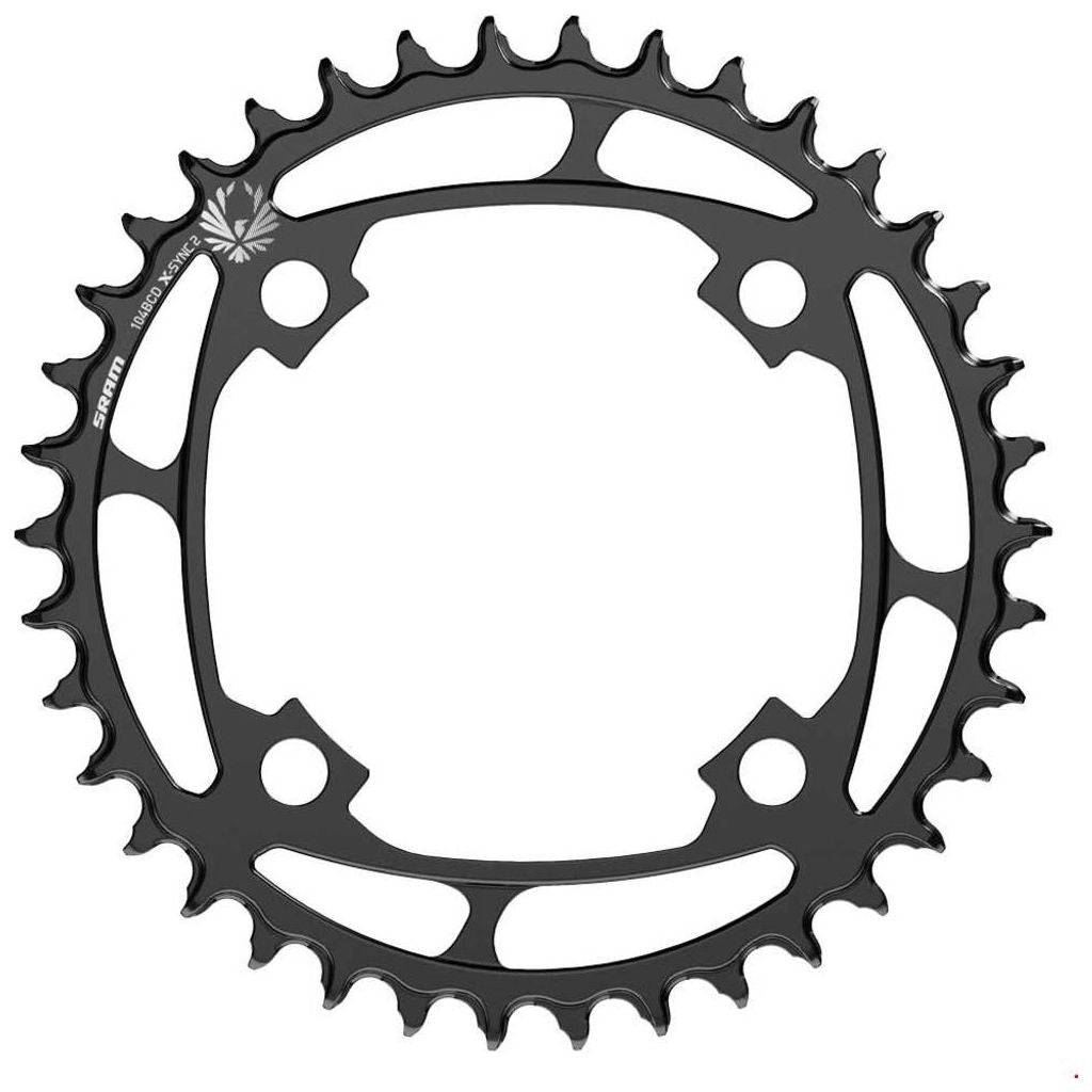 Zwart Sram kettingblad 12 snelheden 34T van staal met pitch 104 voor racefiets, zichtbaar met tanden en bevestigingsgaten.