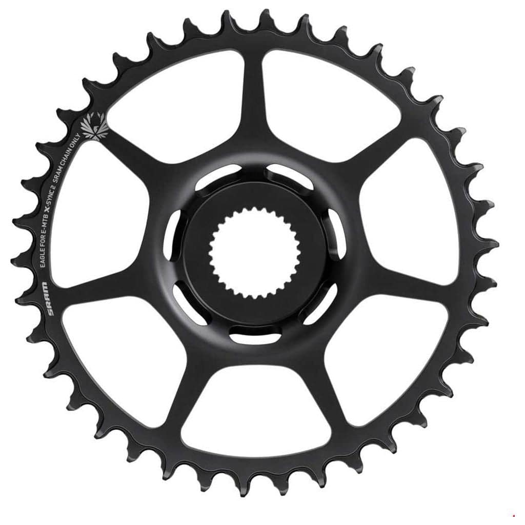 Zwart staal Sram kettingblad 12V 38T Direct Mount voor fiets, zichtbaar met 12 versnellingen en stevige constructie.