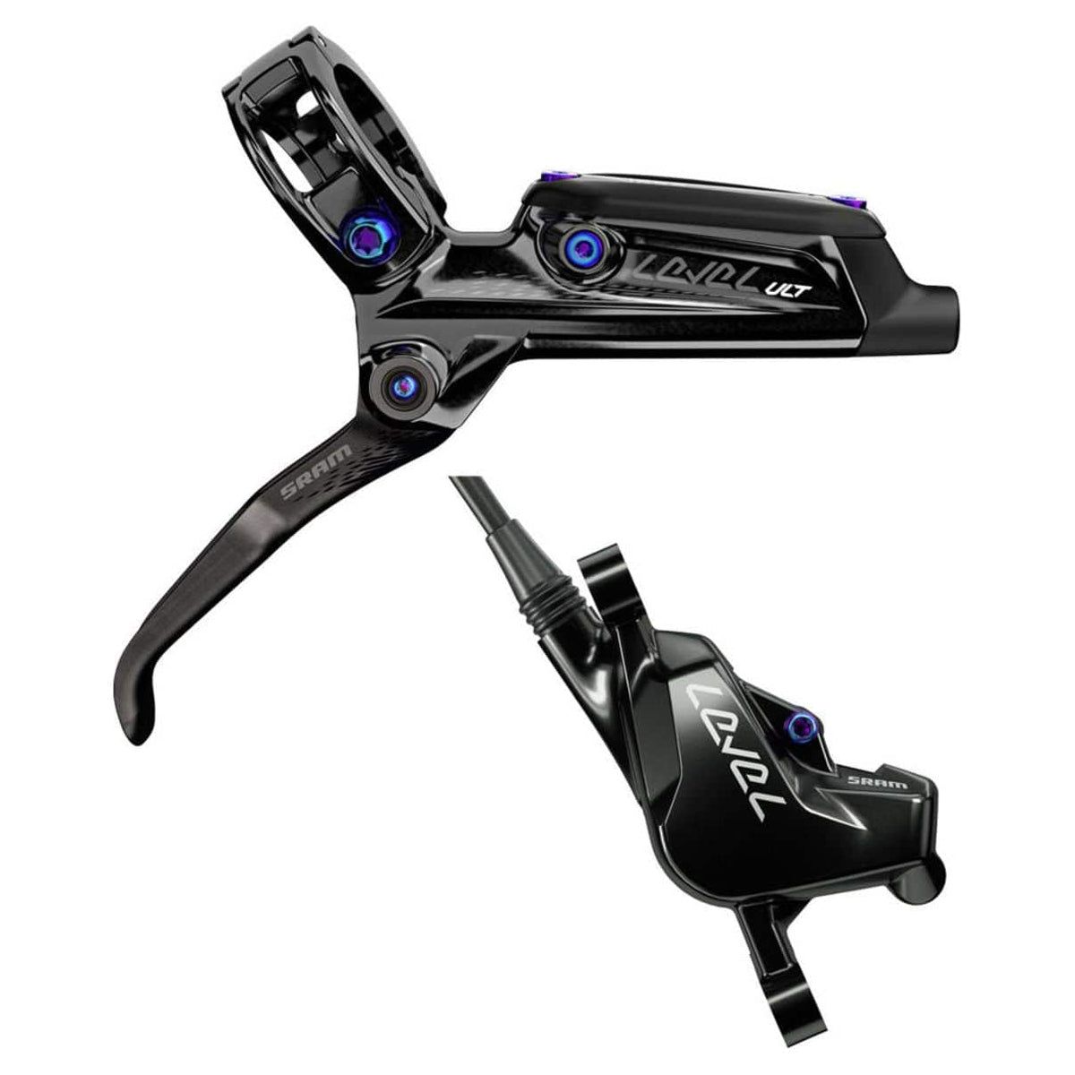 Sram Rem Level Ultimate MTB schijfremmen met regenboogafwerking en zwarte remklauw, zichtbaar op de afbeelding.