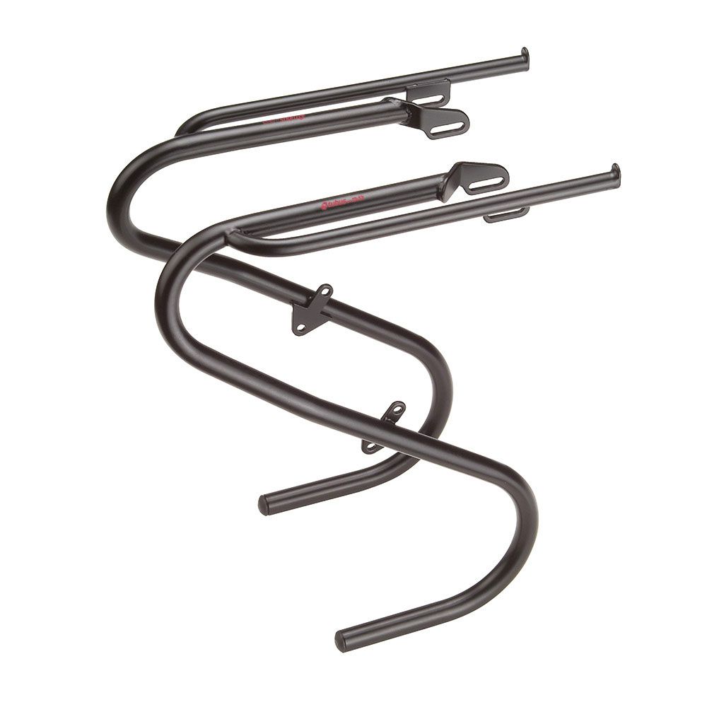 Zwarte Tubus Duo Lowrider voordrager voor 26/28 inch fietsen, geschikt voor extra bagage of tassen.