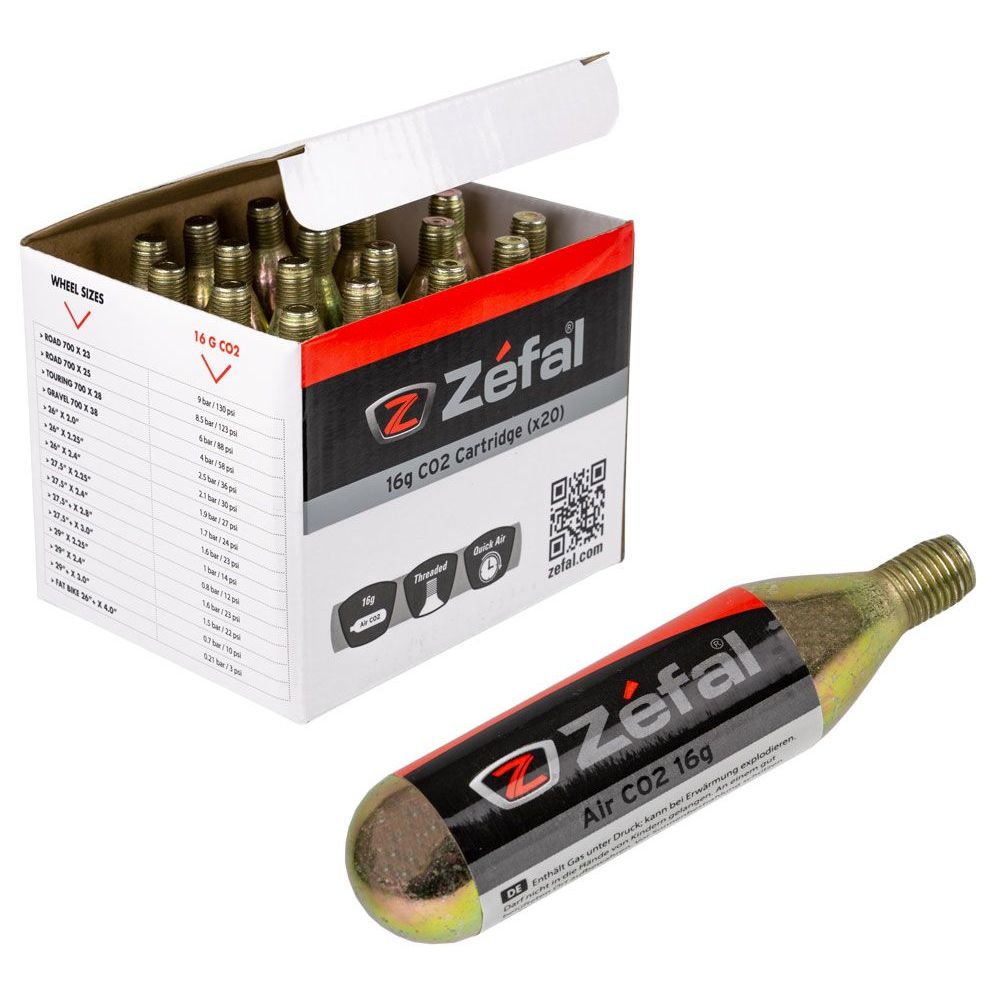 Set van 20 Zefal CO2 patronen van 16 g, geschikte voor fietspompen en reparaties.