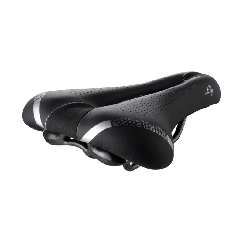 Zwart Selle Italia Lady Gel Flow Manganese L2 fiets zadel met ergonomisch ontwerp en gelvulling voor comfortabel stadsfietsen en e-bikes.