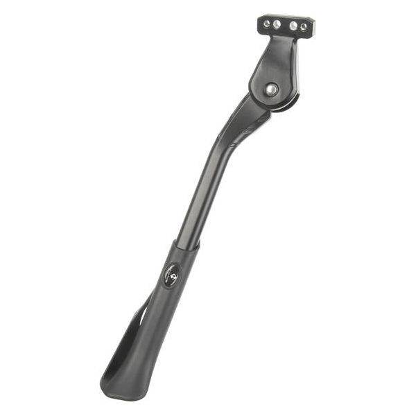 Zwarte M-Wave standaard voor 24-29 inch e-bikes, extra sterk, gemonteerd op achterbrug, geschikt voor stevige ondersteuning