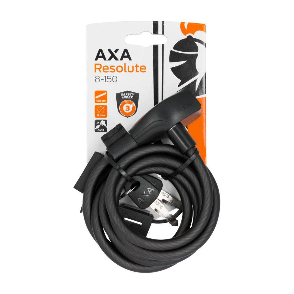Zwarte Axa Resolute 8 mm kabelslot met houder voor beveiliging van kabels, zichtbaar op de afbeelding.