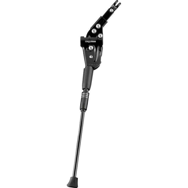 Zwarte Ergotec universele zijstandaard voor achterbrugmontage, geschikt voor 26-29 inch fietsen.