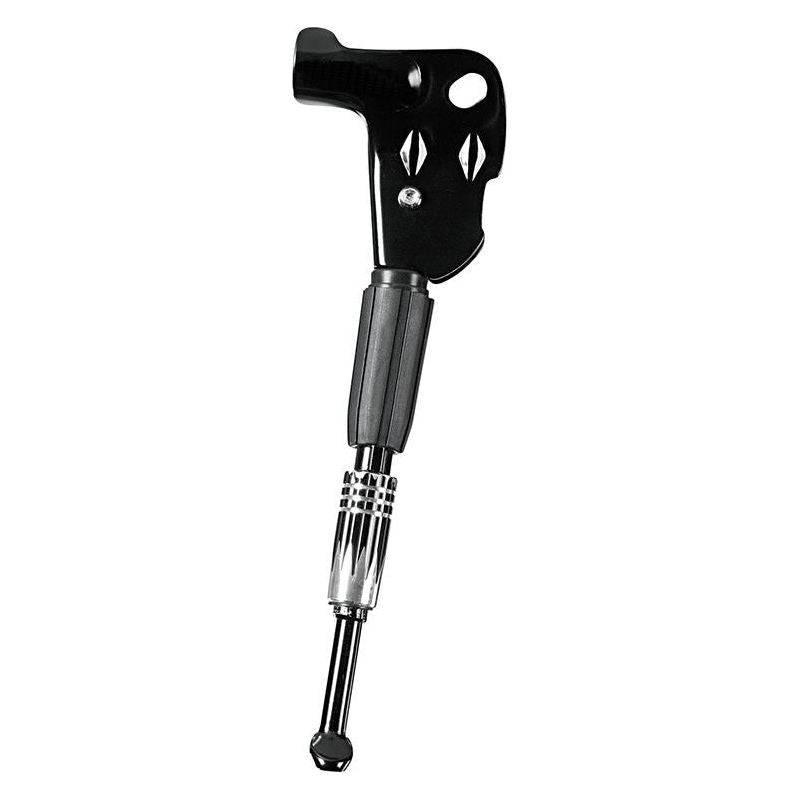 Zwarte Ergotec Liliput zijstandaard voor 16-20 inch fietsen, verstelbaar en te monteren op as.